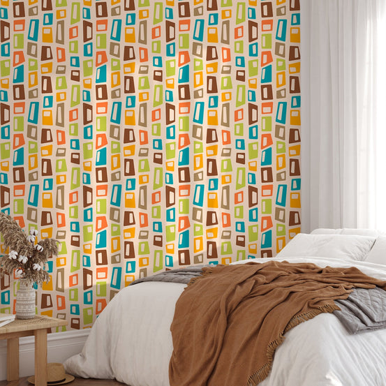 Bedroom featuring teal and orange mid century modern wall mural.
