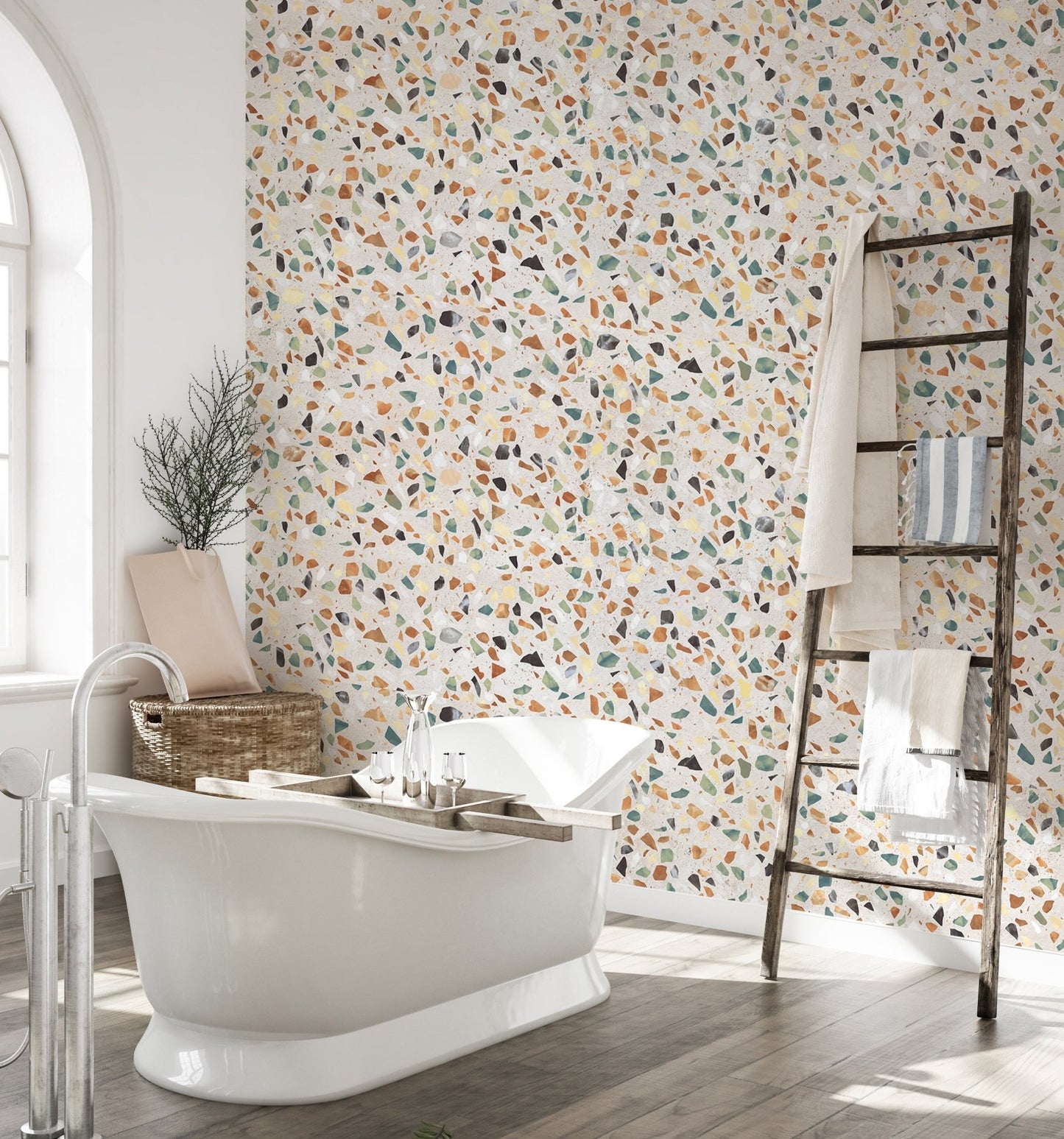 Bathroom interior with a freestanding tub and stone texture wallpaper.