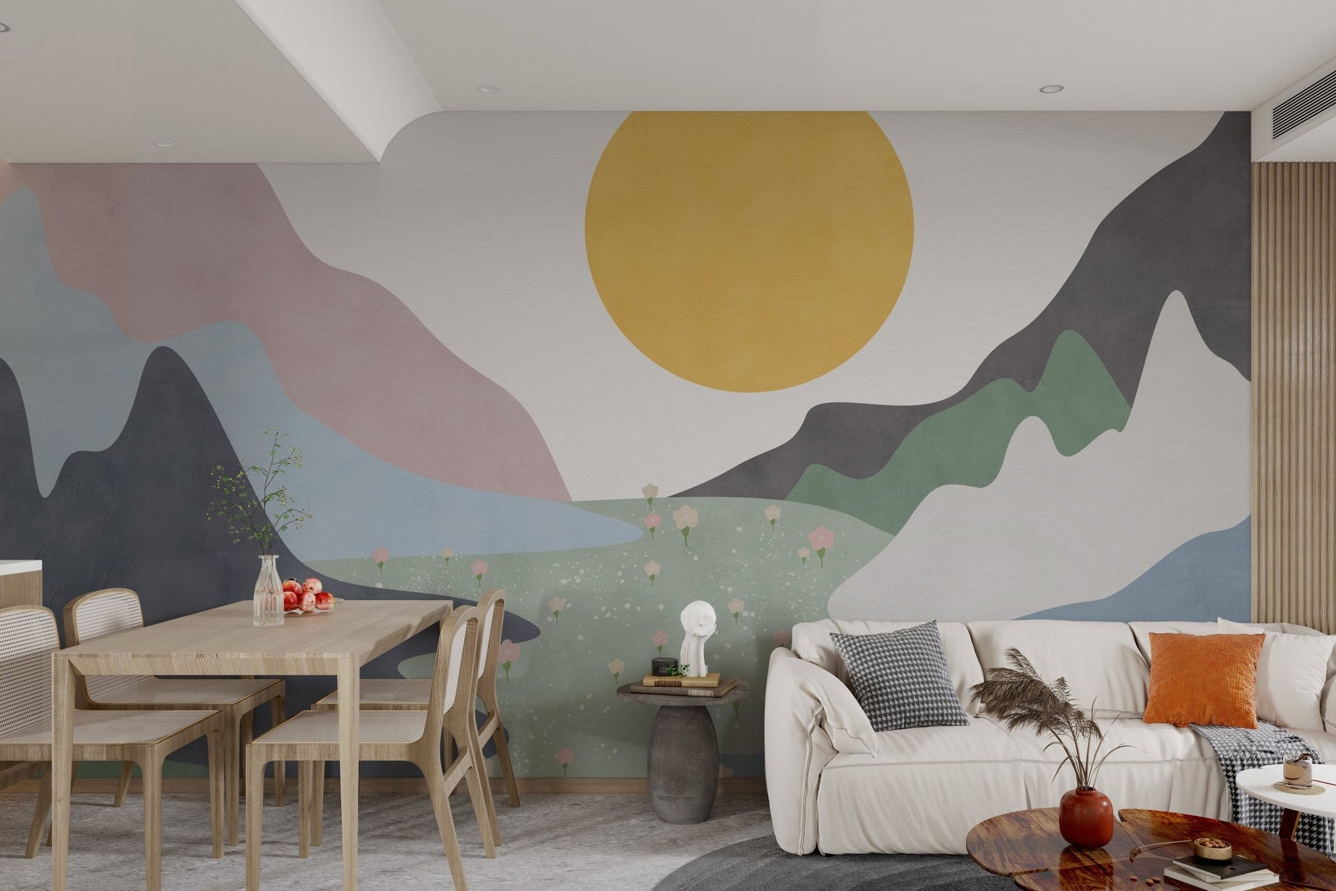 Contemporary living room wall mural with a minimalist mountain design.