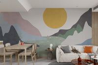 Contemporary living room wall mural with a minimalist mountain design.