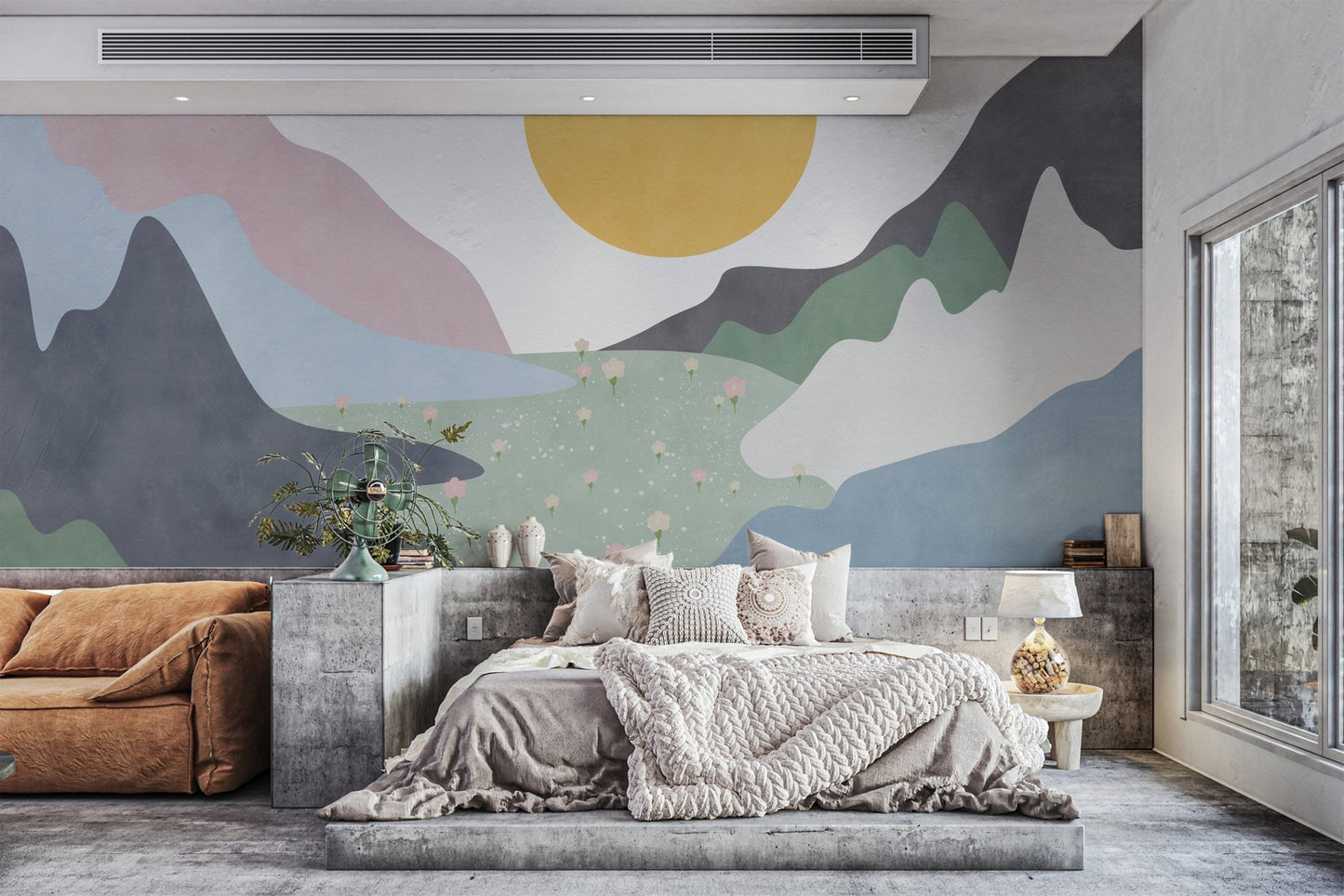 Boho style mountain mural for a feature wall in a living room.