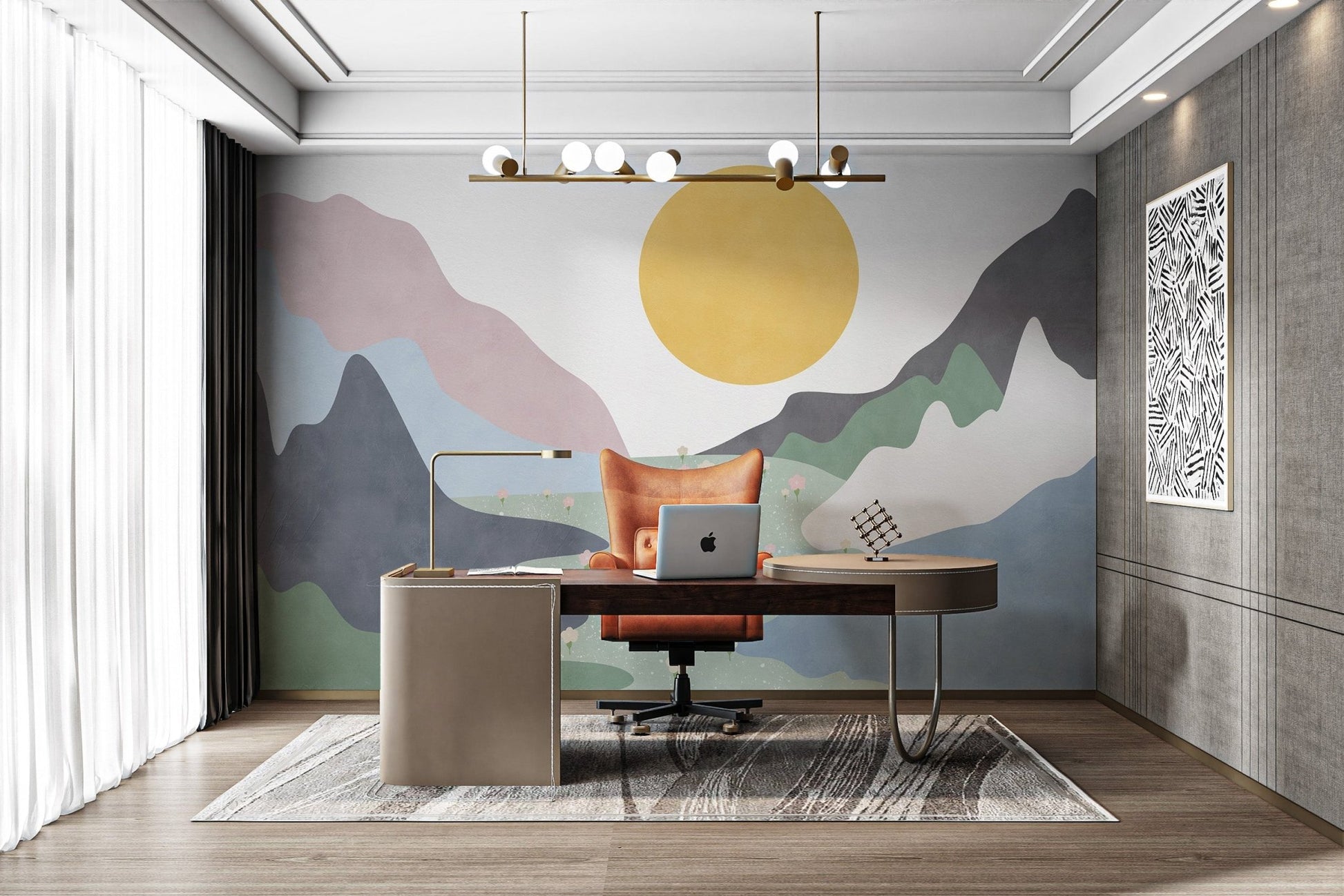 Grey and blue mountain wall mural for a modern office interior.