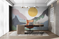 Grey and blue mountain wall mural for a modern office interior.