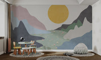 Pastel blue alpine range mural with small white wildflowers in kids room.
