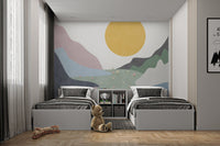 Colored mountain with flowers wall mural for twin bedroom interior.