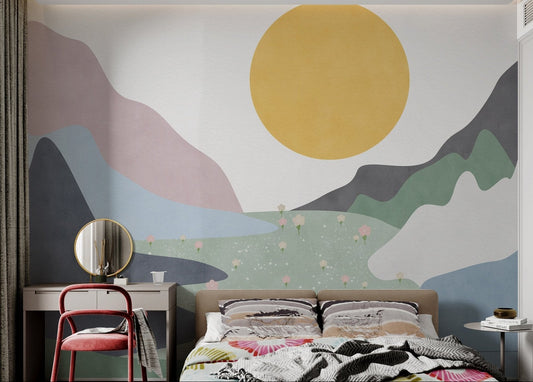 Dusty pink and slate grey mountain wall mural for a modern bedroom.