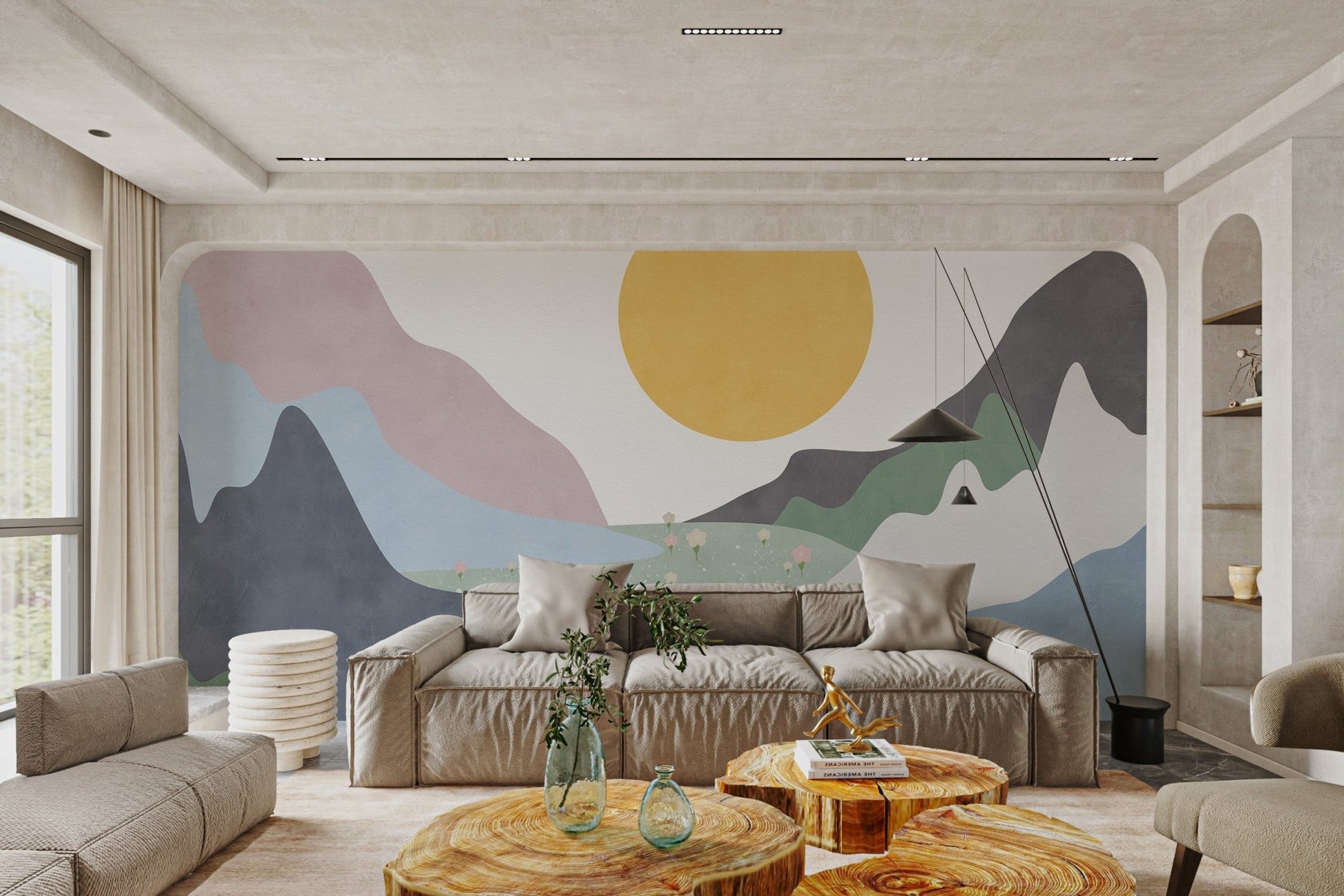 Large sun and pink mountain wall mural for a sunlit seating area.