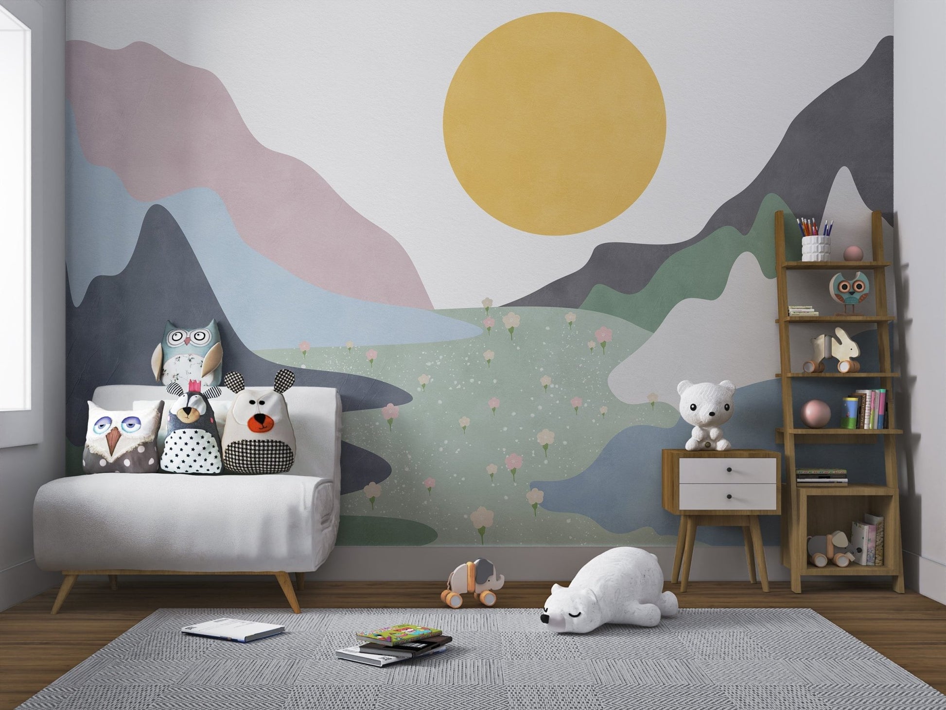Hand-painted style landscape wall mural with pink and blue mountain.
