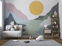 Hand-painted style landscape wall mural with pink and blue mountain.