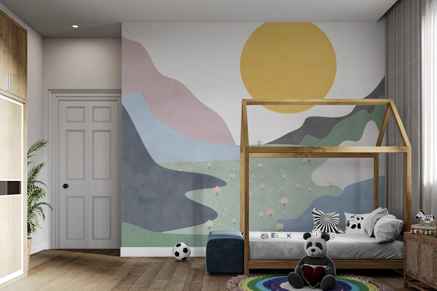 Abstract mountain peaks wall mural in slate grey and mint green shades.
