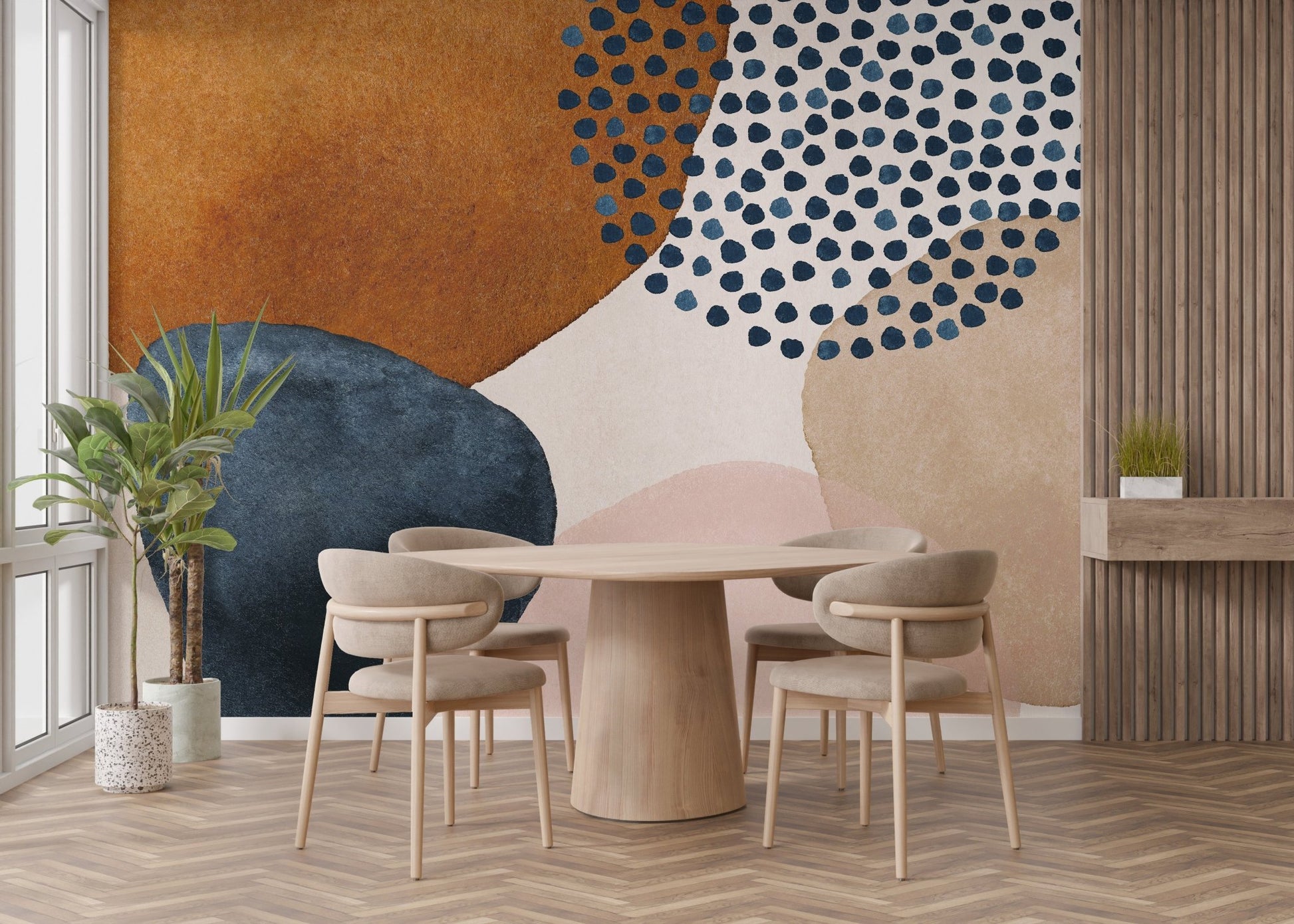 Dining room with wooden table and beige watercolor wall mural.