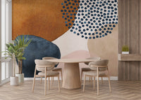 Dining room with wooden table and beige watercolor wall mural.