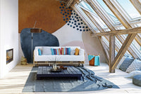 Attic living space with skylights and navy blue abstract wall mural.