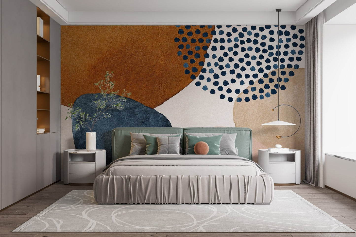Master bedroom with navy blue and orange watercolor wall mural.