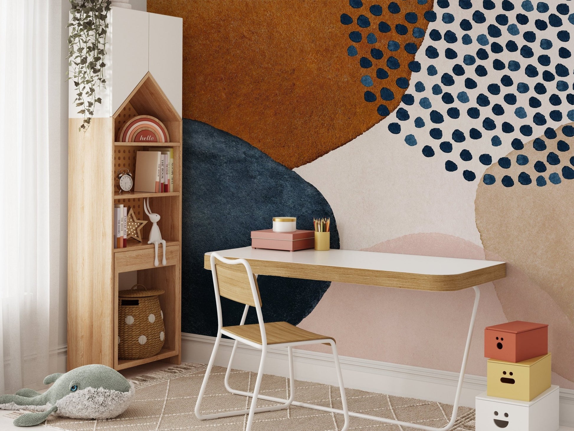 Beige and navy blue watercolor mural for modern study space interiors.
