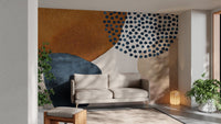 Neutral living space featuring navy blue and beige watercolor wall mural.