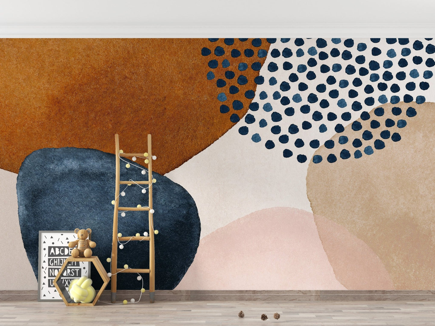 Playroom setup showing ladder against navy blue beige watercolor wall mural.