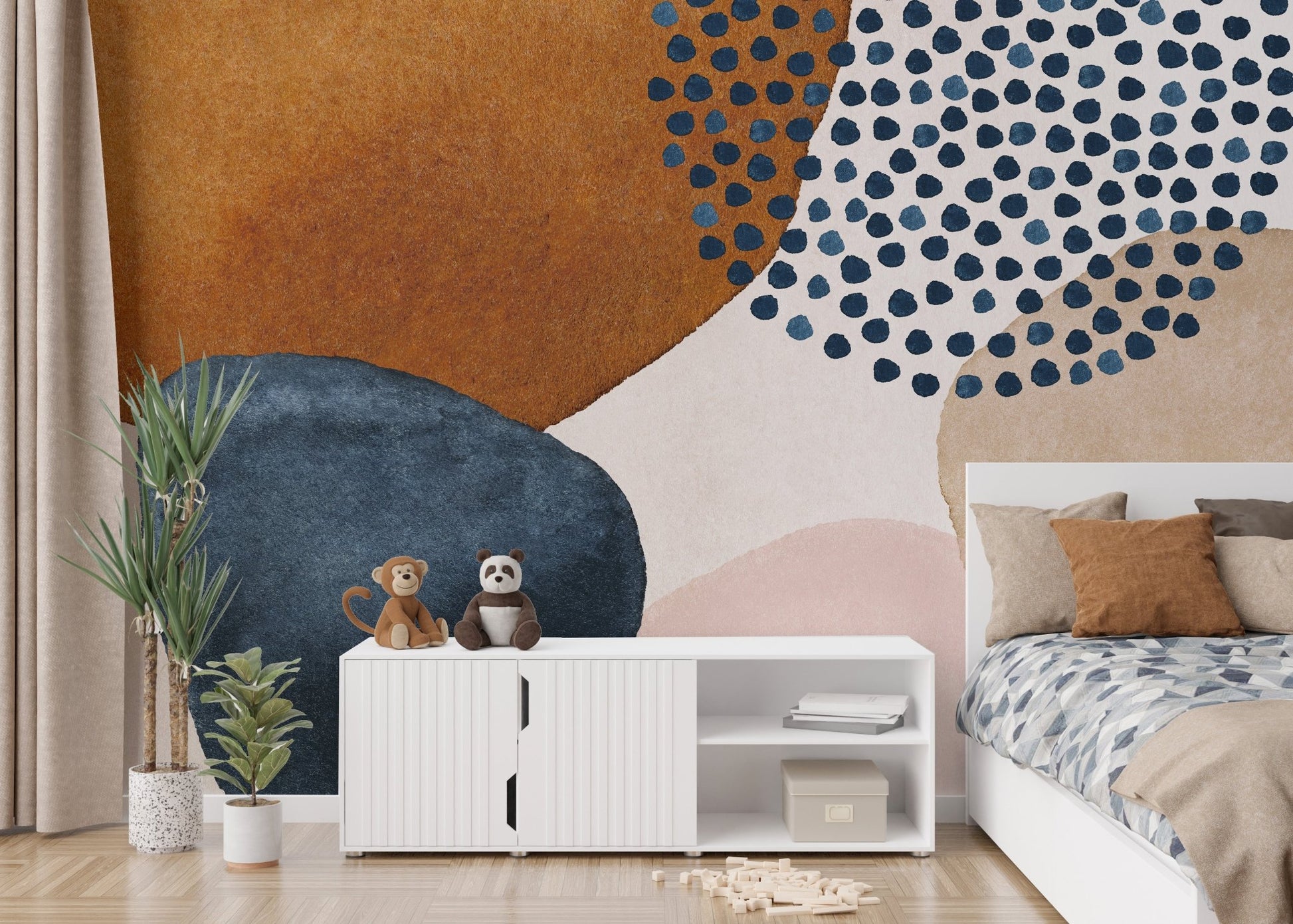 Colorful abstract watercolor wall mural in navy and beige for kids bedroom.