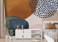 Colorful abstract watercolor wall mural in navy and beige for kids bedroom.