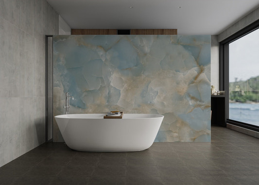 Vibrant wall mural featuring colorful onyx textures for bathroom.