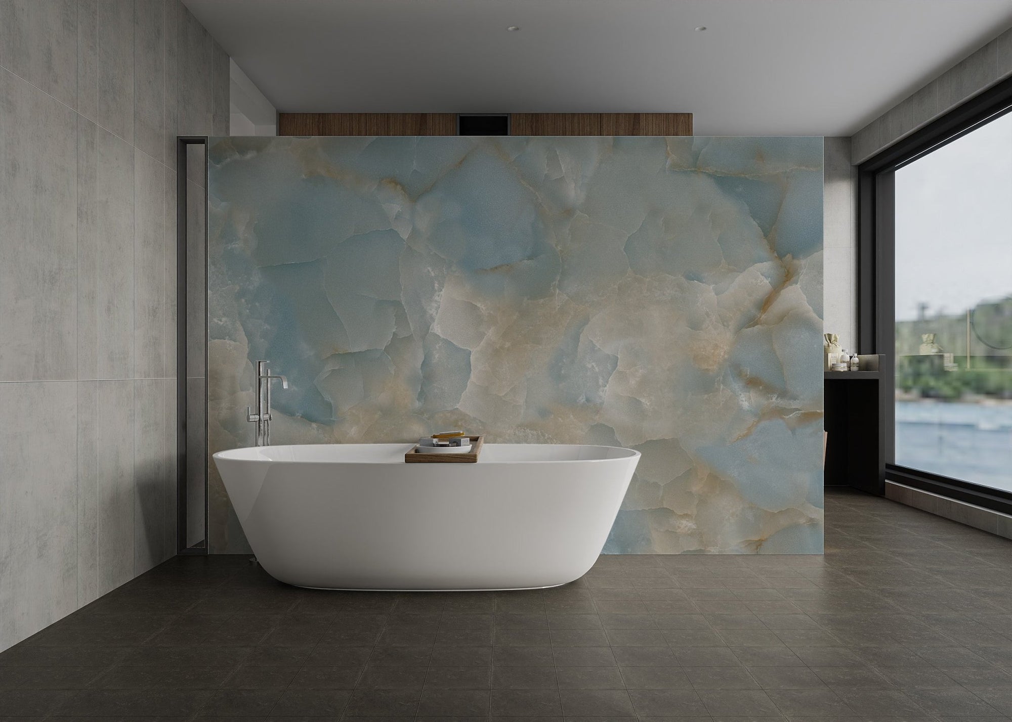 Vibrant wall mural featuring colorful onyx textures for bathroom.