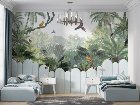 Lush green botanical leaves in a modern jungle style wallpaper.
