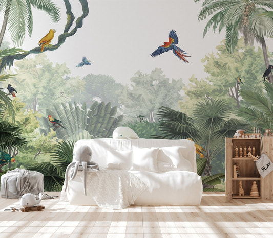 Vibrant macaw birds perched in a colorful parrots jungle wall mural.