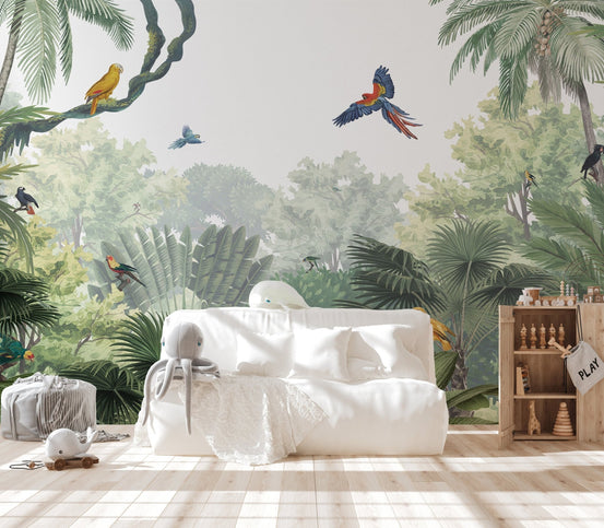 Vibrant macaw birds perched in a colorful parrots jungle wall mural.