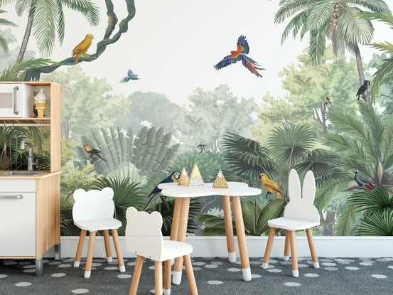 Detailed watercolor illustration of tropical jungle wallpaper.