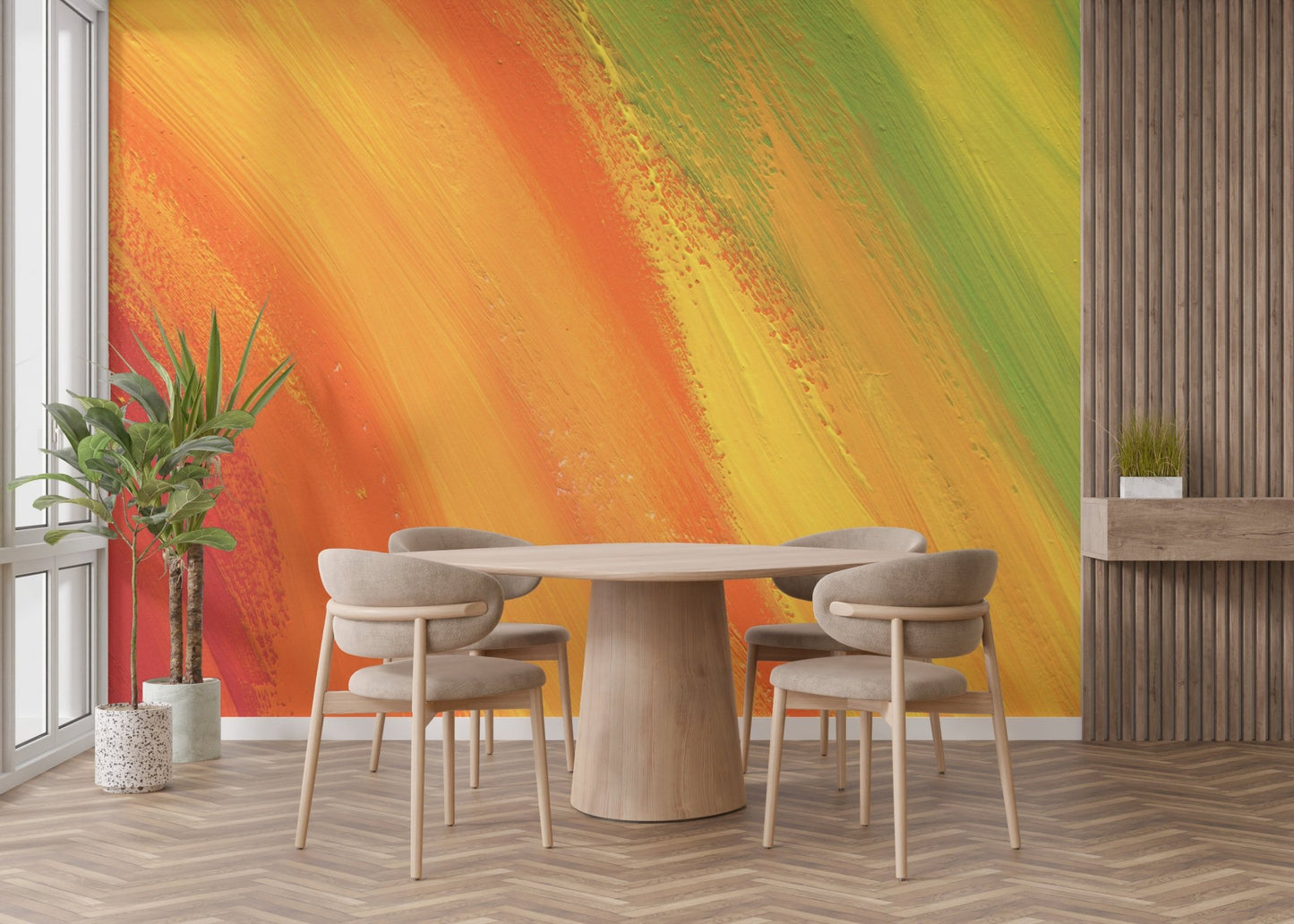 Colorful Rainbow Wall Mural in a dining space with neutral chairs and plants.