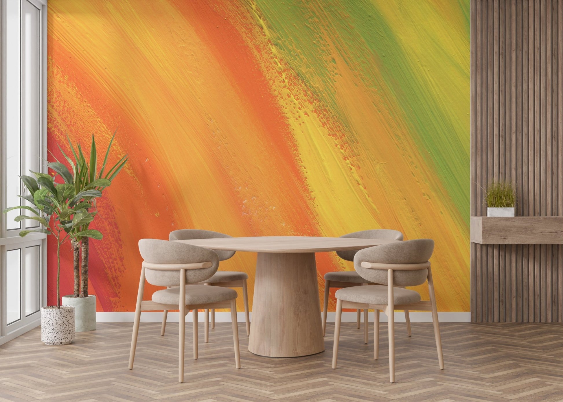 Colorful Rainbow Wall Mural in a dining space with neutral chairs and plants.