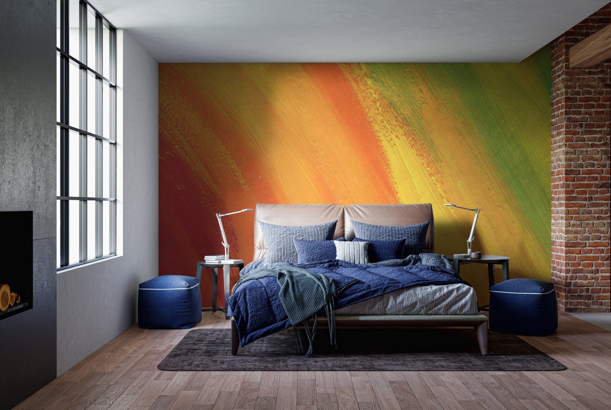 Stunning Rainbow Mural for Colorful bedroom with blue bedding.