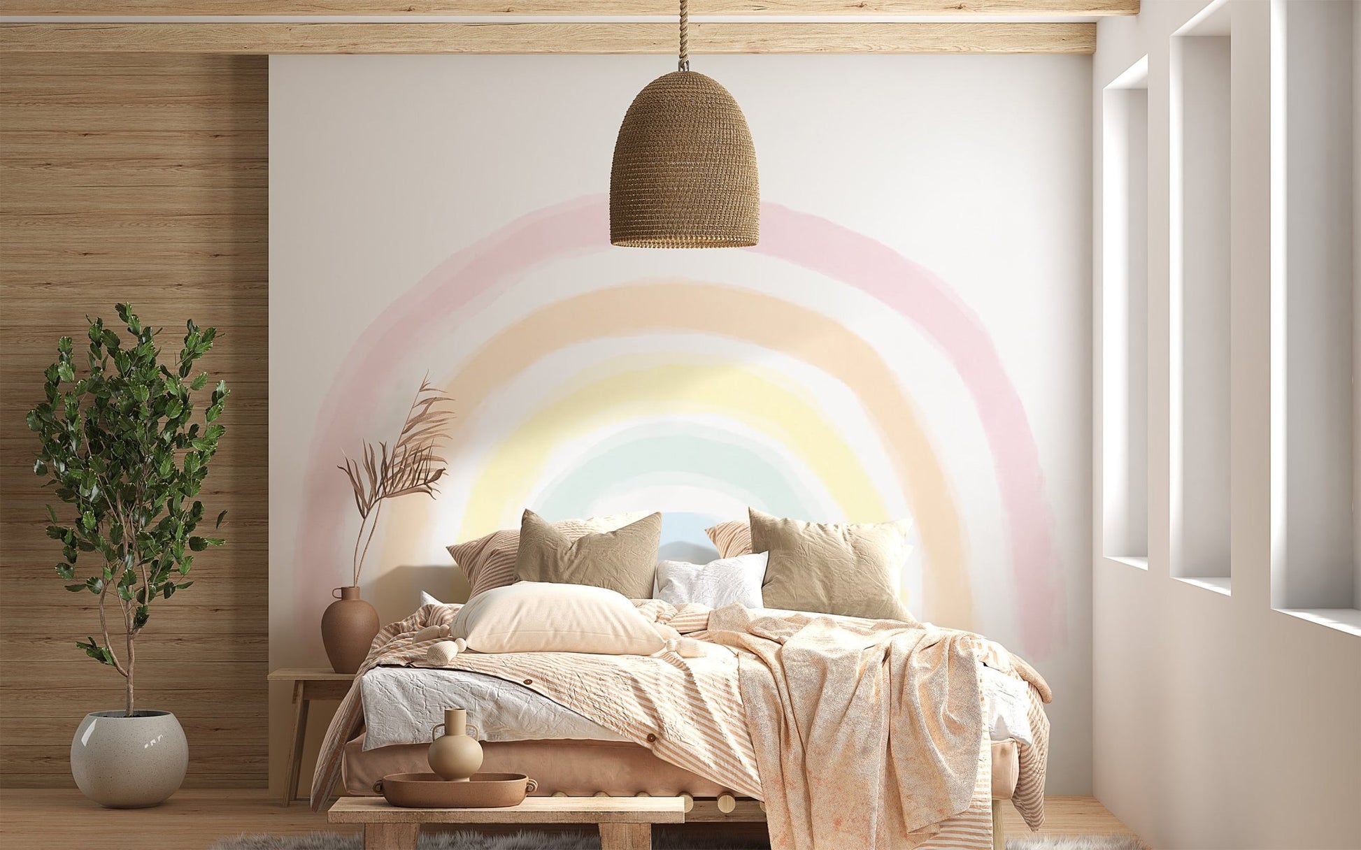Large arched colorful rainbow wallpaper mural for a modern nursery aesthetic.