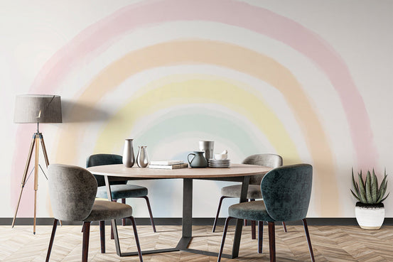 Symmetrical colorful rainbow wallpaper mural with a clean minimalist design.