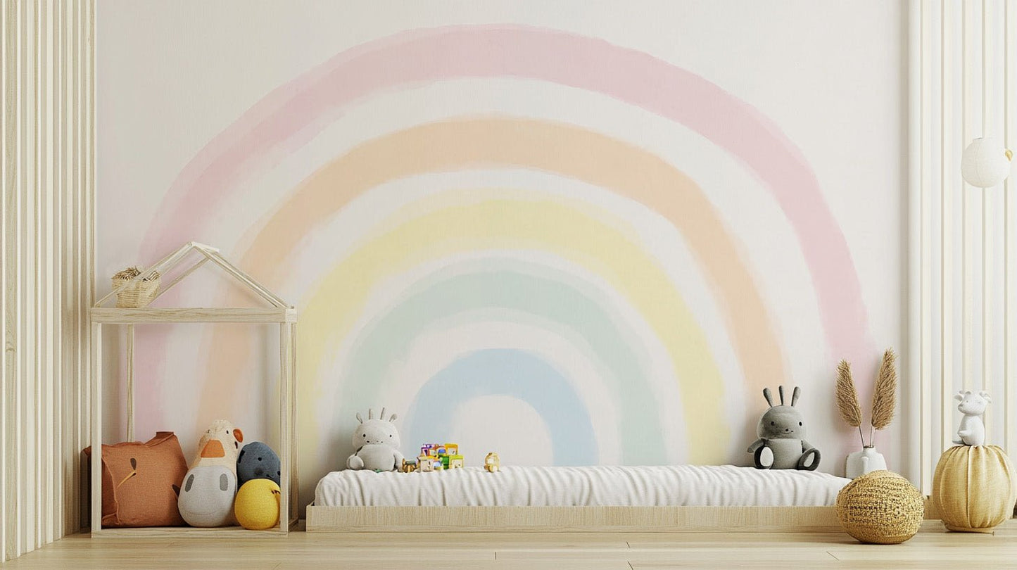 Colorful rainbow wallpaper mural with soft pastel watercolor arches on white.