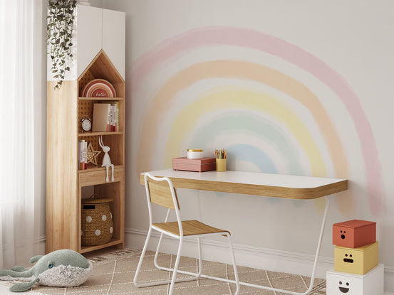Modern colorful rainbow wallpaper mural in a light and airy color palette.