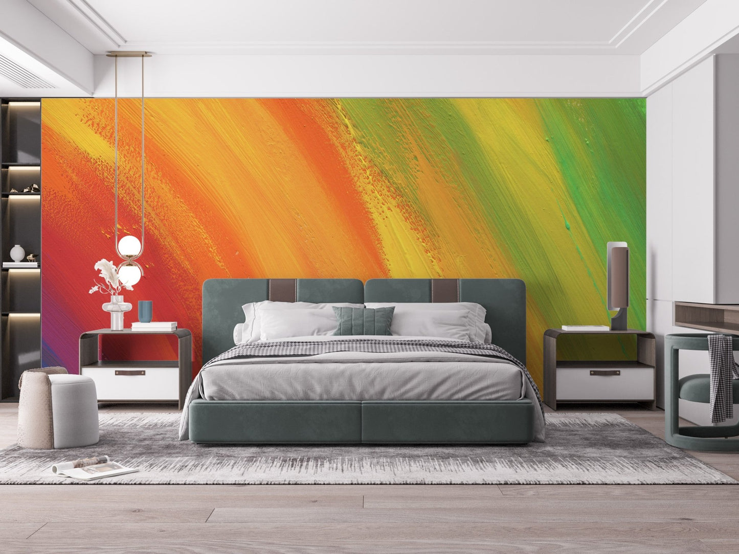 Colorful Rainbow Wall Mural behind a grey bed in a bright bedroom.