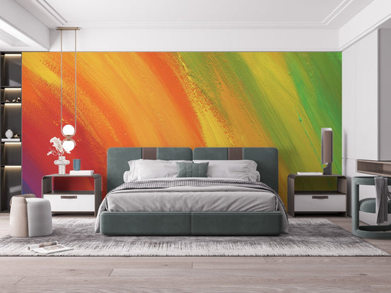 Colorful Rainbow Wall Mural behind a grey bed in a bright bedroom.