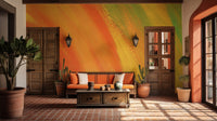 Colorful Rainbow Wall Mural with orange and green brushstroke in a patio area.