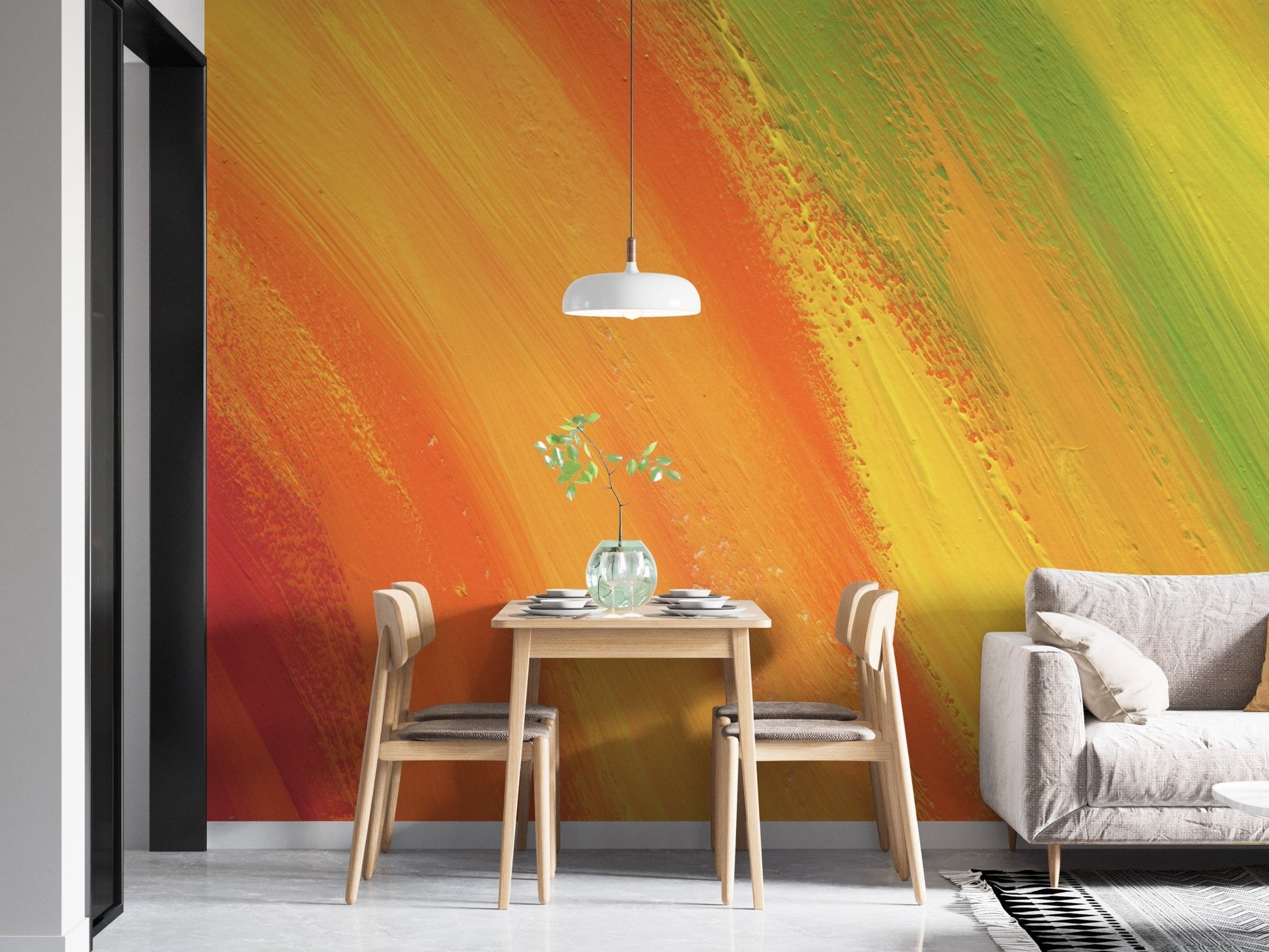 Cheerful Rainbow Wall Mural for dining space with neutral chairs and plants.