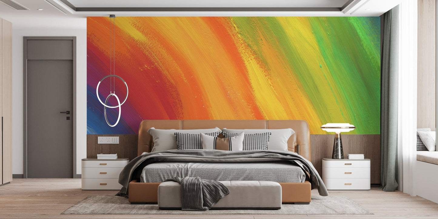 Vibrant rainbow wall mural in a minimalist bedroom with wood furniture.