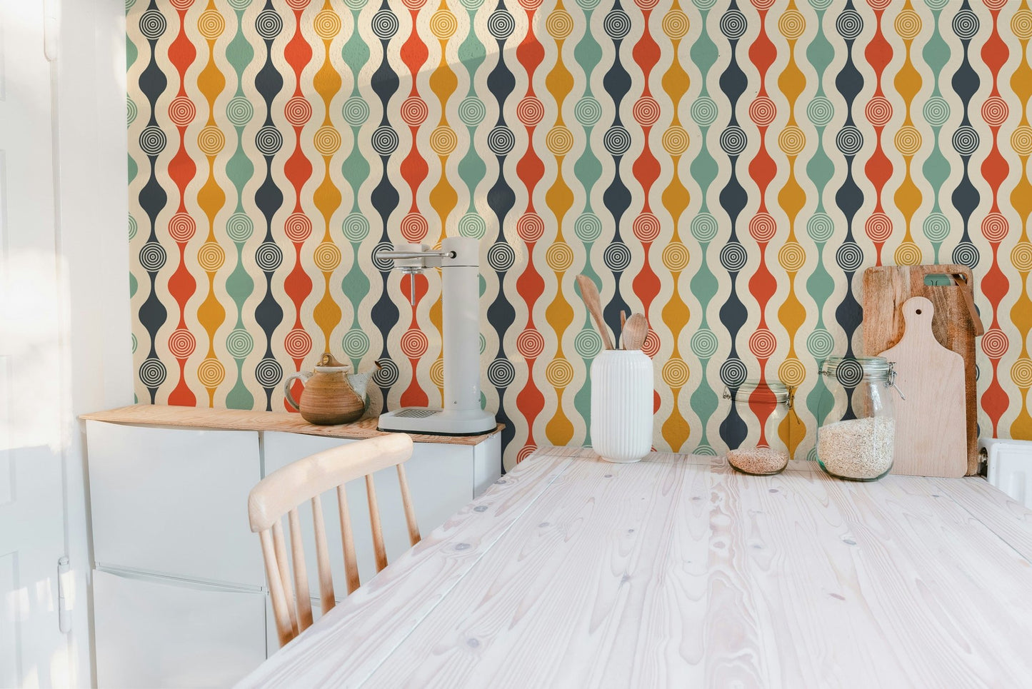 Multicolor abstract swirl wallpaper wall mural with repeating pattern.