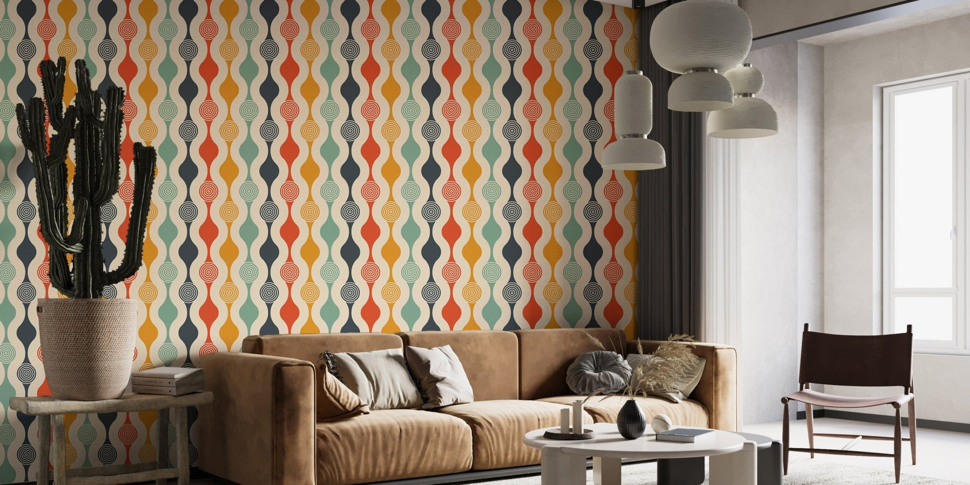 Colorful retro swirl wall mural wallpaper with vintage wave pattern.