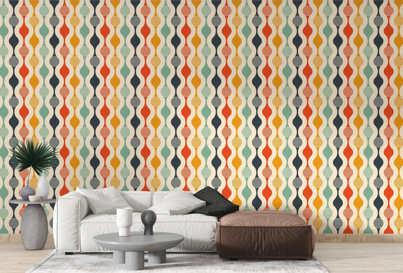 Retro style curved line wallpaper wall mural in warm color palette.
