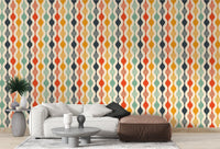 Retro style curved line wallpaper wall mural in warm color palette.