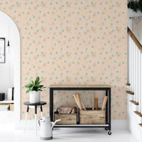 Hallway wall decor using pastel background wall mural near a black metal storage shelf.