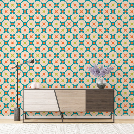 Retro teal and orange star wall mural on living room feature wall.