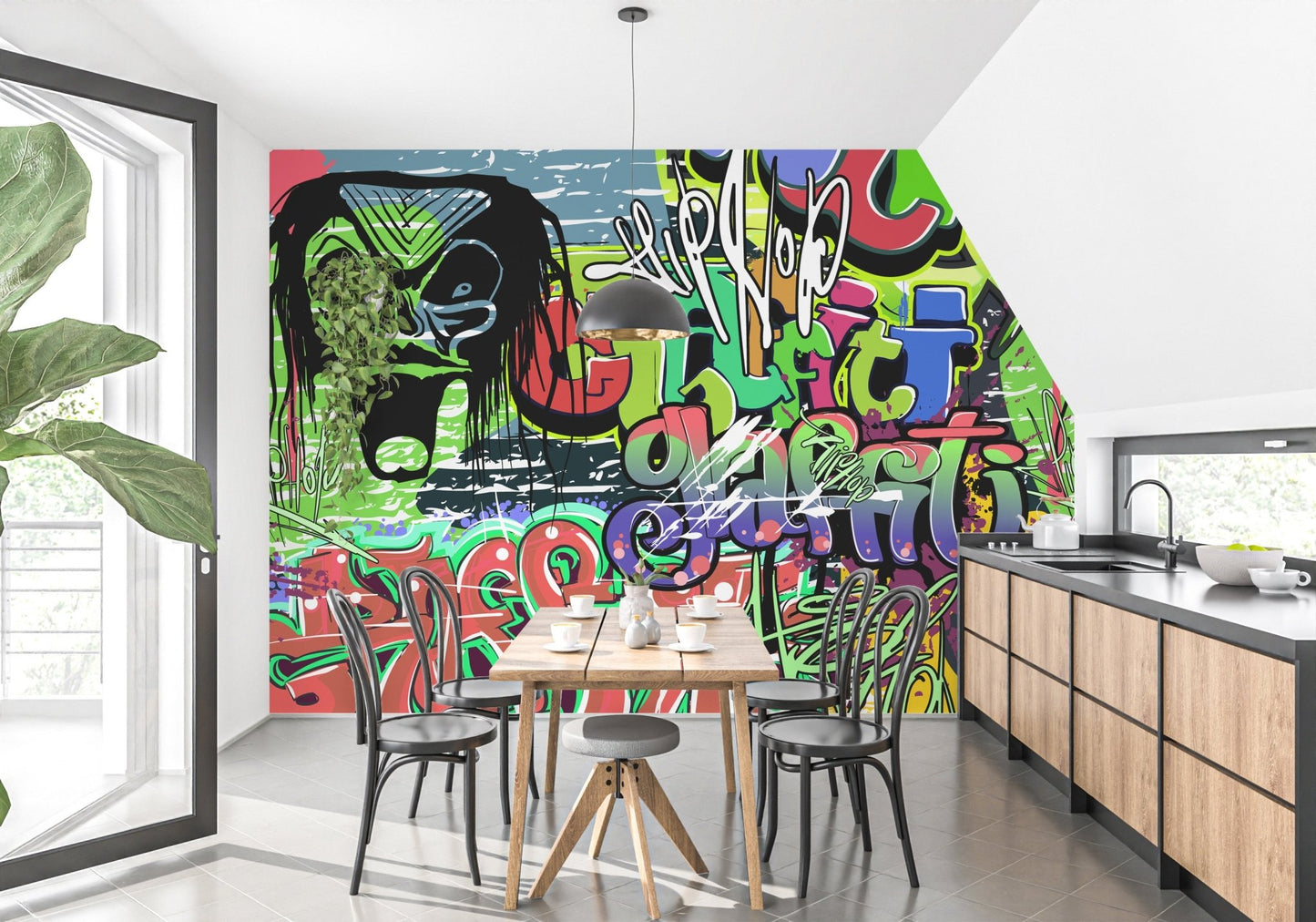 Graphic street art wall mural with bold lettering design kitchen interior.