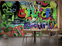 Colorful street art mural wallpaper with layered graffiti wall art for dining room.