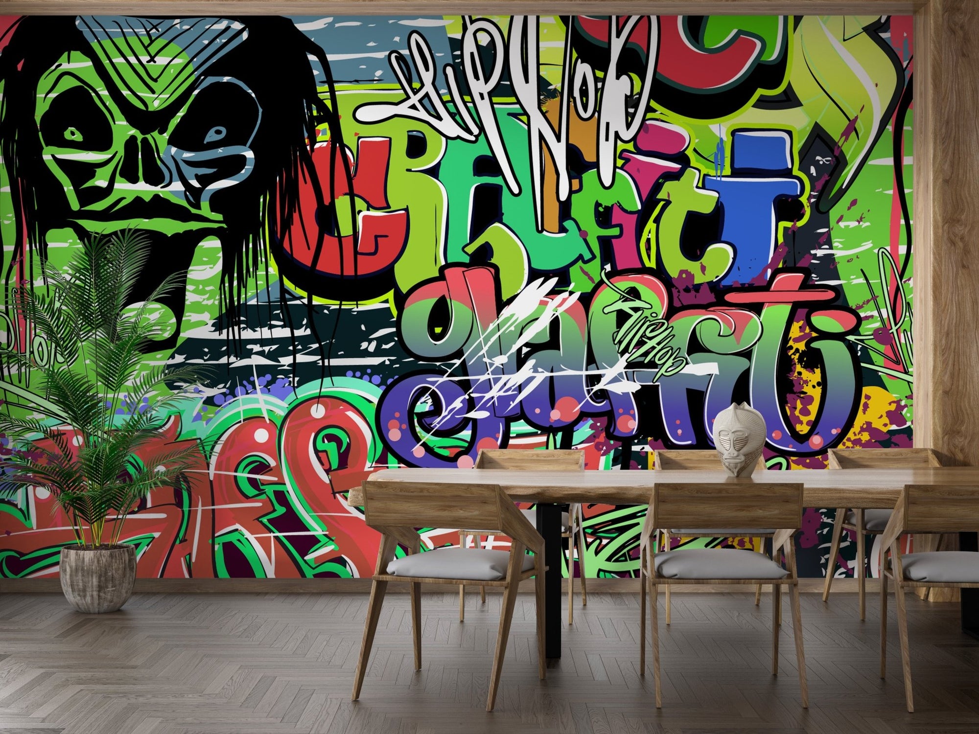 Colorful street art mural wallpaper with layered graffiti wall art for dining room.